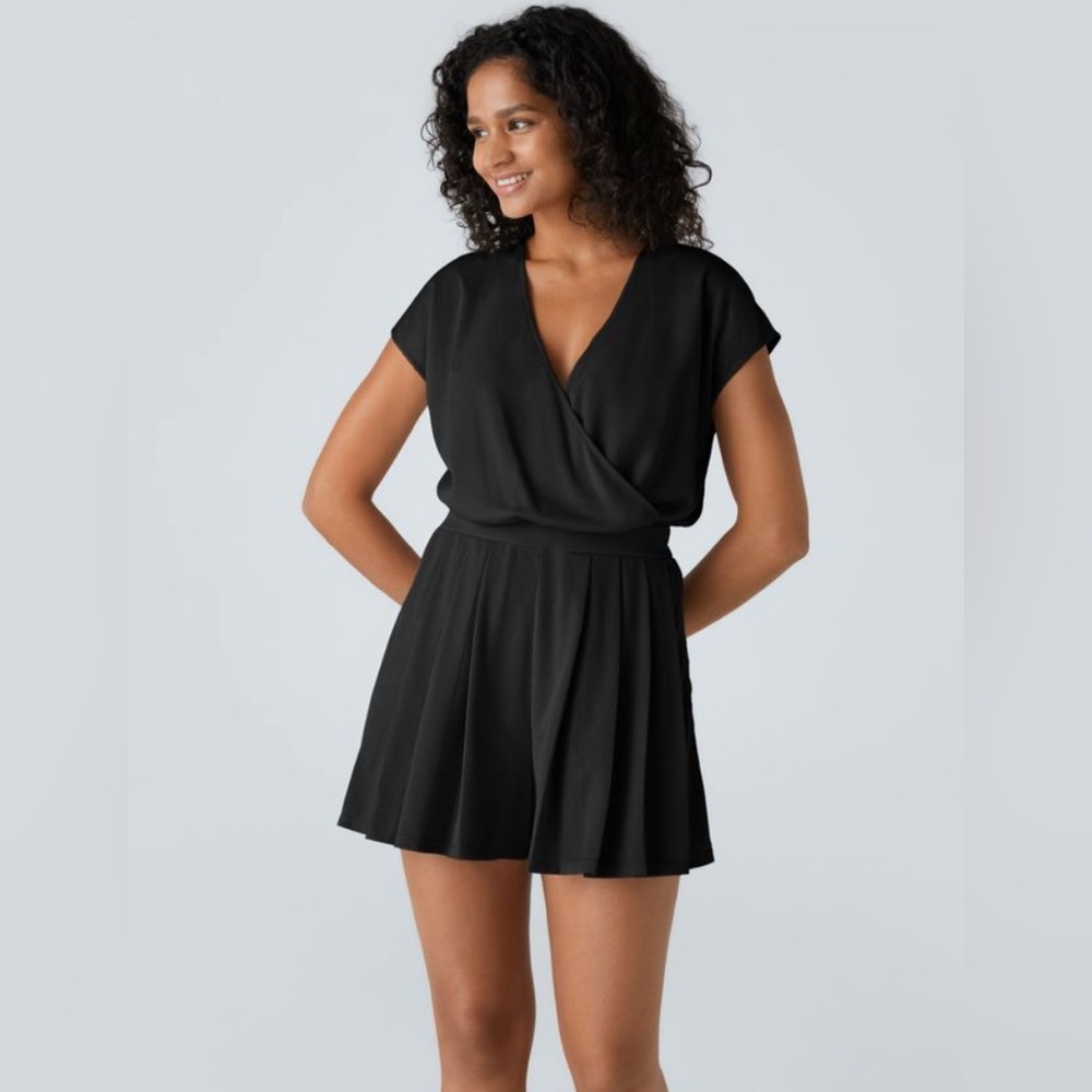 NWT Halara V Neck Short Sleeve Pocket Waffle Casual Romper Black XL